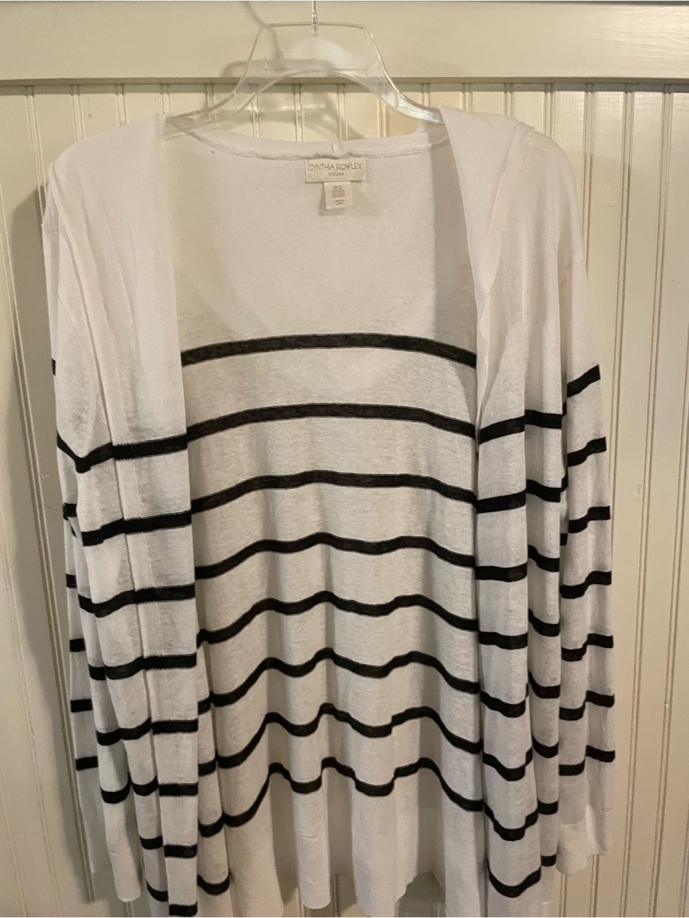 White and Black Striped Open-Front Women’s Hooded Sweater Cardigan